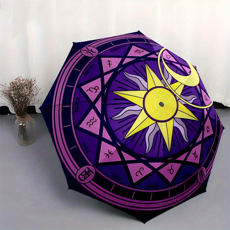 Zodiac Sonnen- und Mondsymbol AufkleberRegenschirm, Tragbarer 3-Fach-Regenschirm für Damen & Herren, Weihnachtsgeschenk ES304