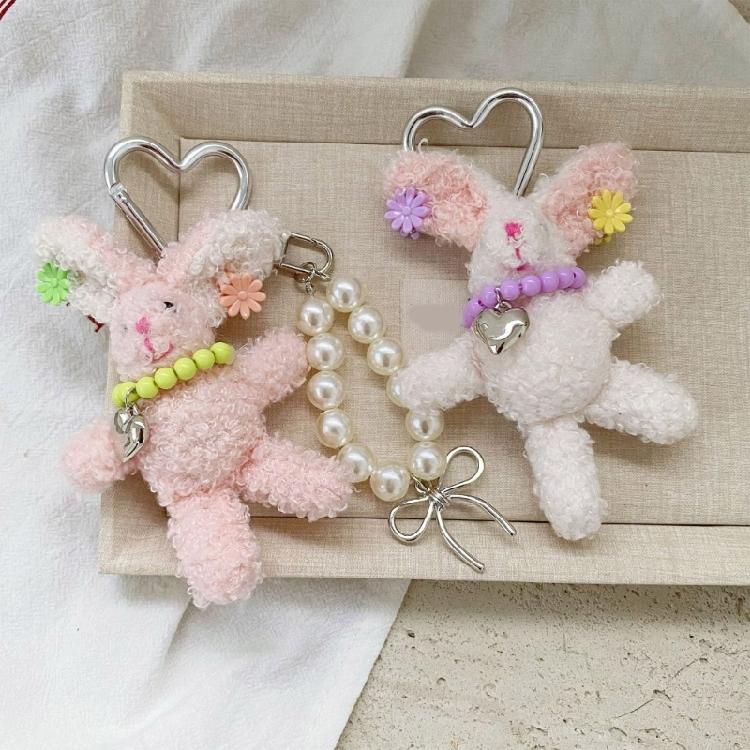 Delicate Rabbit Phone Charm PP Cotton Keychain Pearls Hair Clip Lovely Rabbit Stuffed Keyring Gift For Students