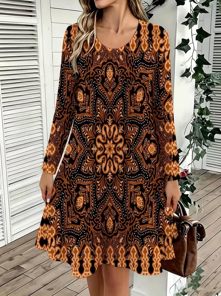Spring Autumn Women Dress Casual Long Sleeve O-neck 3D Print Loose A-Line Dress Oversized Home Wear Robe