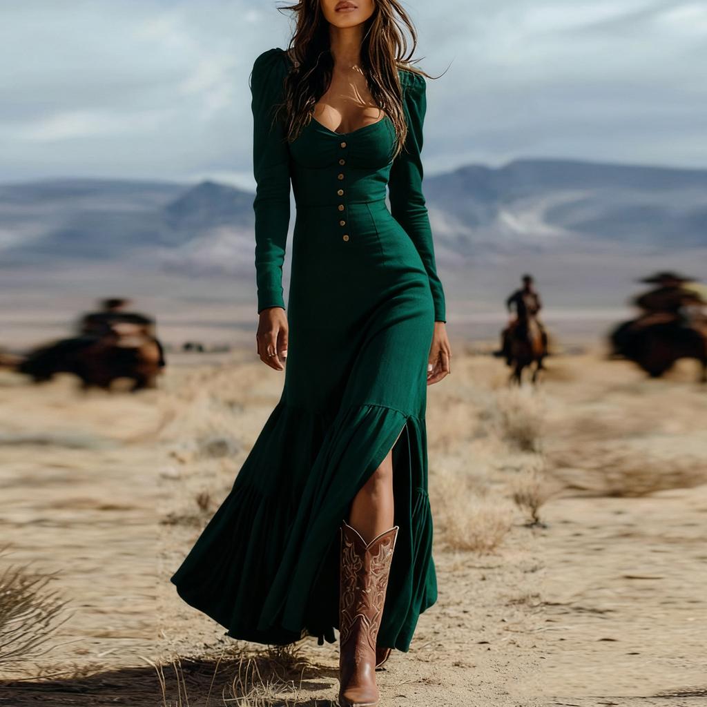 Women's Fashion Western Buttoned Gathered Long Sleeve Sexy Maxi Dress