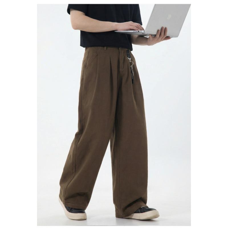 Heren Katoenen Casual Broek Losse Rechte Pijp Dubbele Plooizakken