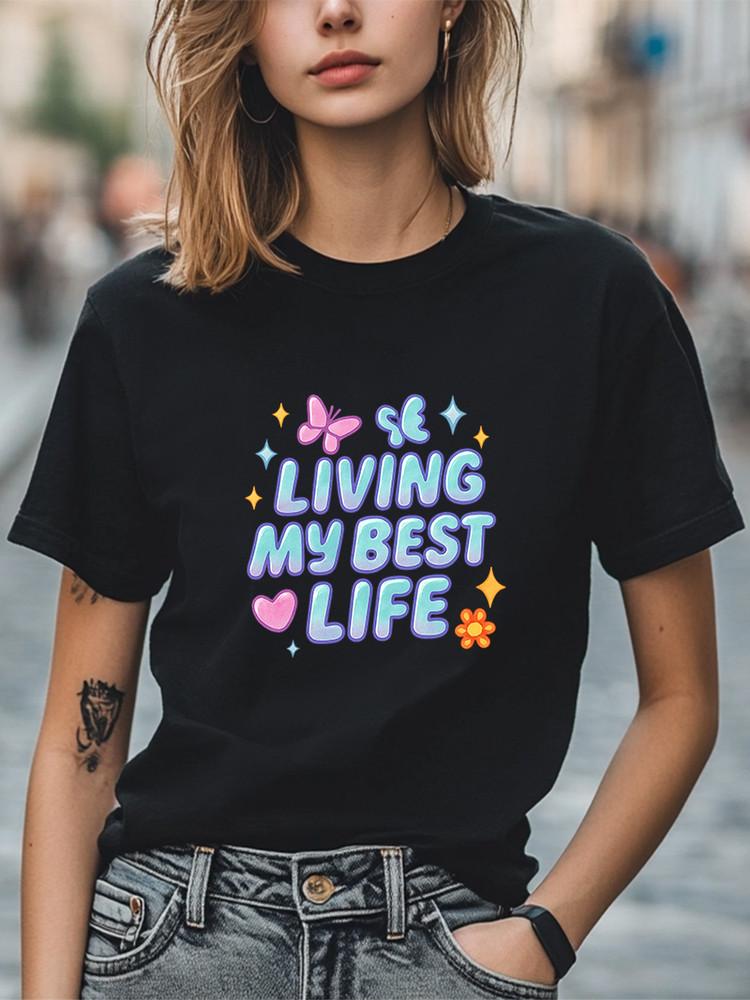 Living My Best Life T-Shirt Cute Pastel Graphic with Butterfly & Heart Tee Unisex T-Shirt XXXL