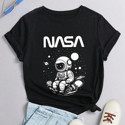 Móda Ženy Kreativní Astronaut Letter Donut Print Tričko Legrační Ležérní Tričko s výstřihem do O Krátké rukávy Letní Dámské Tričko