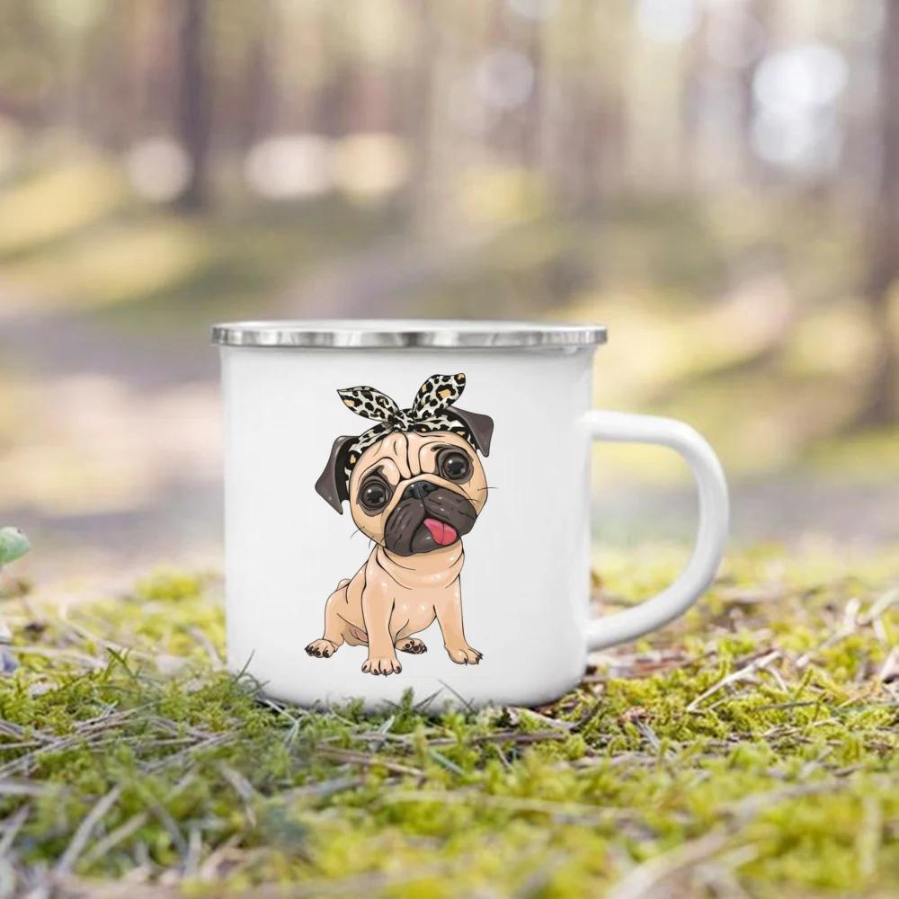 French Bulldog Print Mugs Creative Coffee Cup Drink Milk Beer Cup Camping Camfire Enamel Mugs Handle Drinkware Gift for Dog Love