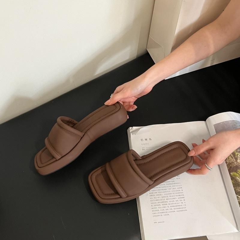 Summer Simple One-Word Slippers Square Head Low Heel Thick Bottom Cool Slippers Women