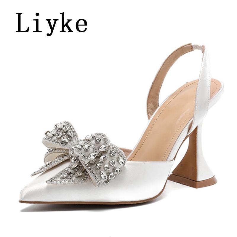 

Fashion Liyke Spring Summer Fashion Rhinestone Bowknot Women Pumps Sexy Silk Pointed Toe Strange High Heels Party Prom Shoes Gold Silver 35 белый