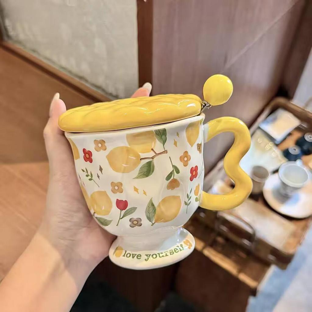 Mug with Lid Spoon New Ceramic Cup Household Water Cup Women's Large Capacity Couple Coffee Breakfast Cup Office