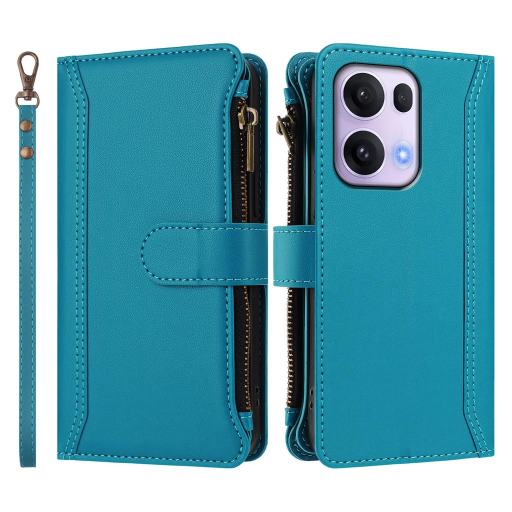 For Oppo Reno13 Pro 5G Leather Case 9 Card Slots Zipper Wallet Stand Phone Cover with Wrist Strap