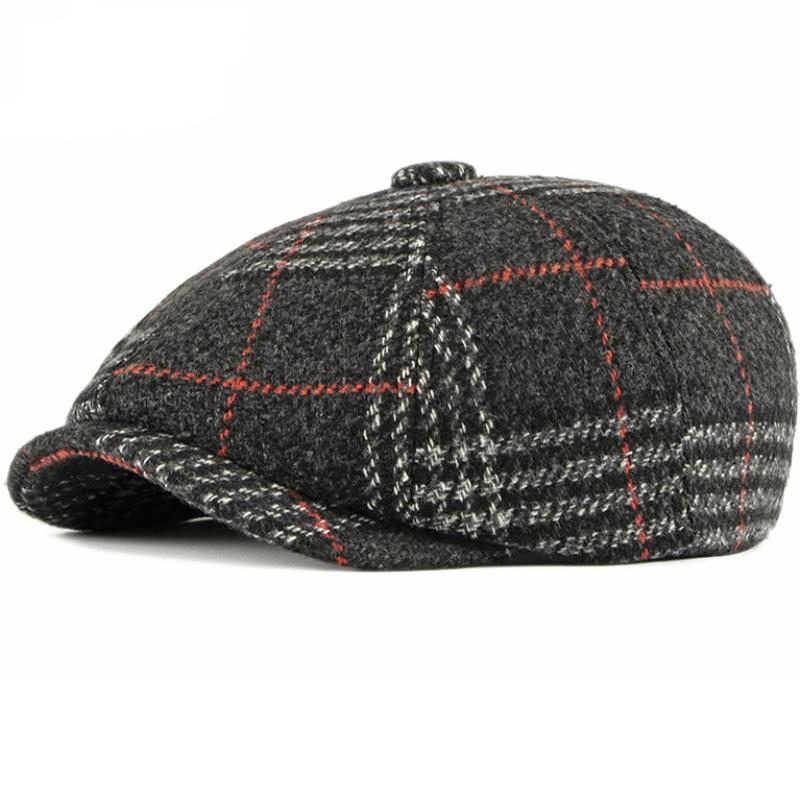 Ht2700 Autumn Winter Wool Hat Flat Cap Retro Plaid Men Women Octagonal Cap Plaid Artist Painter Hat Men Women Beret Cap