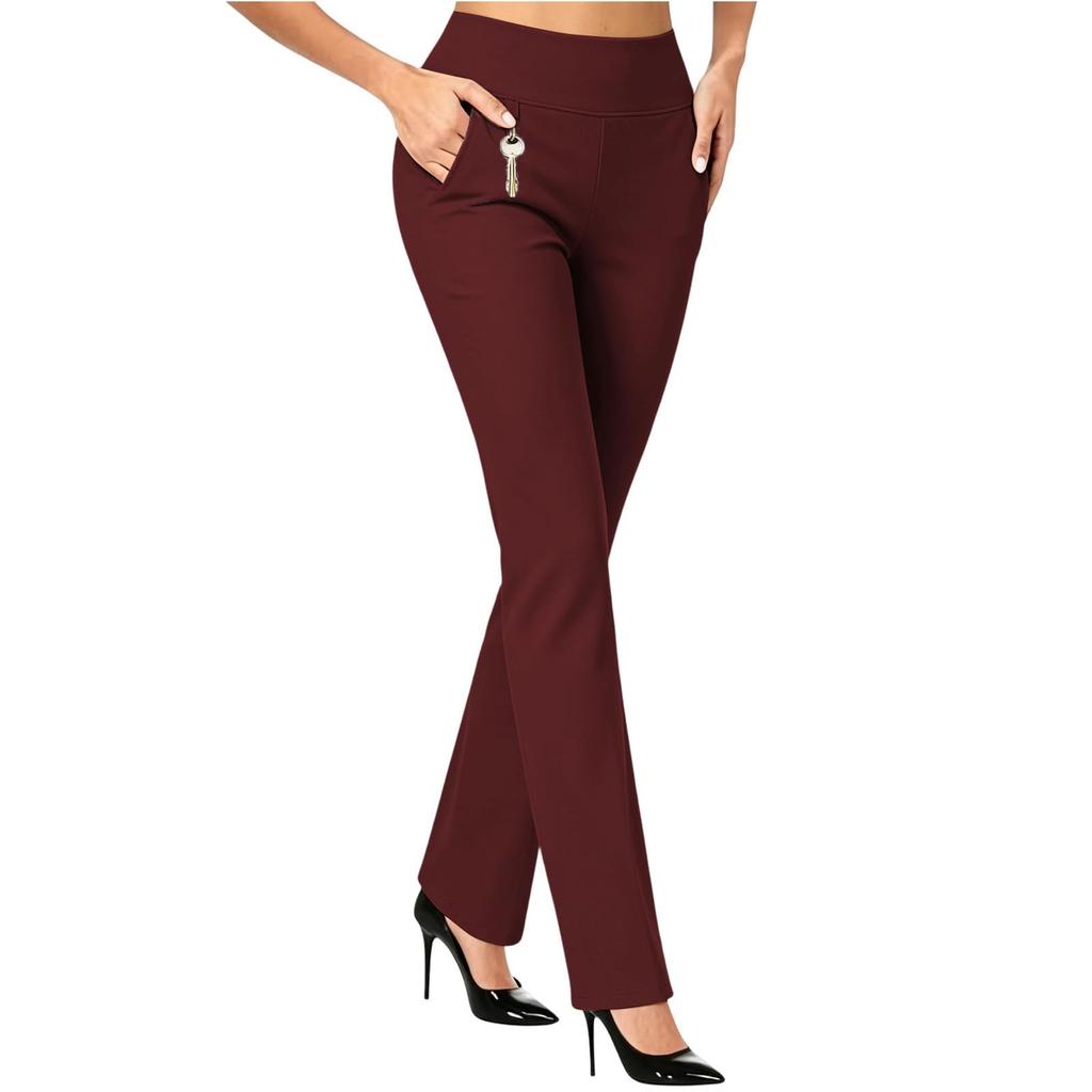 Damen High Waist Straight Leg Hose mit Taschen, Slim Fit Lässige Yoga Hose mit Elastischem Bund