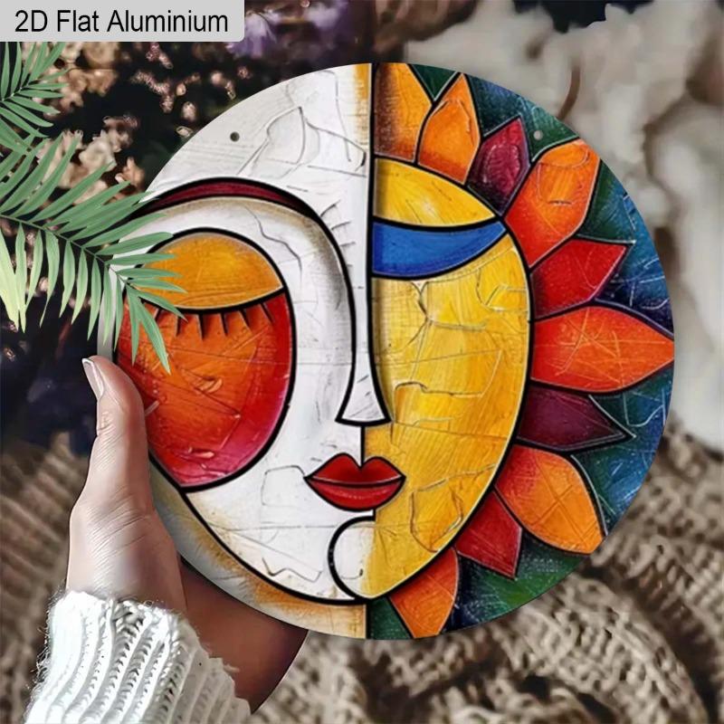 2D Flat 1pc Abstract Boho Art Aluminum Hanging Decoration Plaque, Abstract Sun and Moon Pattern Sign, Living Room Decor, Patio Decor and Meditation