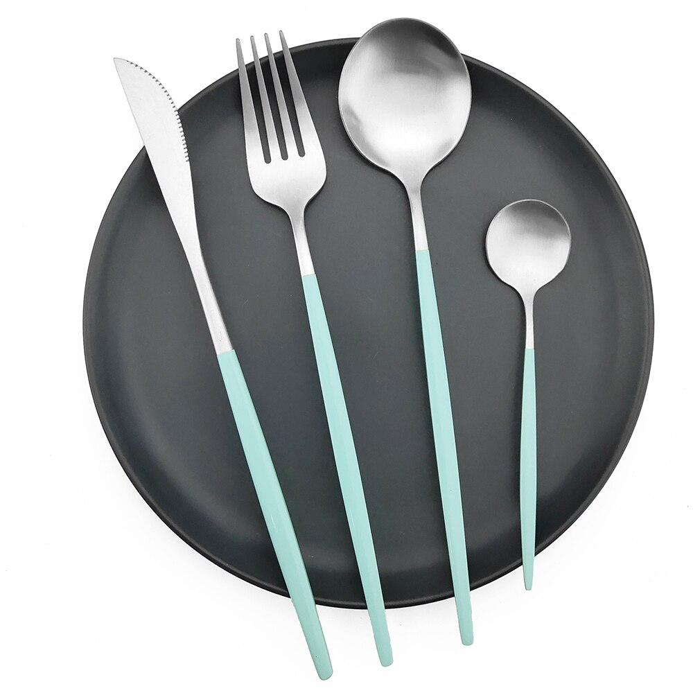 Matte Summer Mint Green Gold Spring Picnic Cutlery Set Stainless Steel Dinnerware Set 24Pcs Knife Fork Spoon Tableware Set Kitchen Dinner