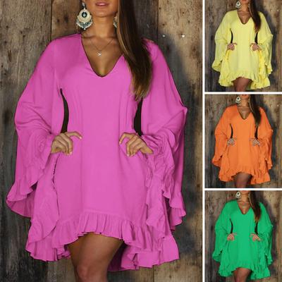 נשים צווארון V מתרחב שמלת מיני שרוולים ארוכים בצבע אחיד צבע אחיד לא סדיר שולי שולי שפל צבע אחיד שמלת חופשה קצרה מזדמנת