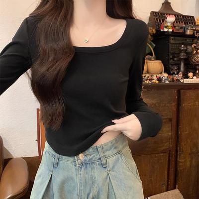 German Velvet Thickened Autumn and Winter Bottoming Shirt for Women Square Collar Curved Hem Short Top with Right Shoulder Slim Long Sleeve T-shirt