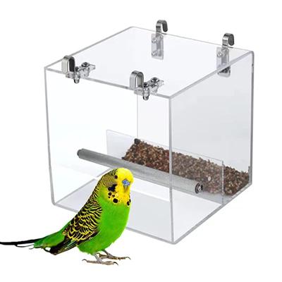 Transparentes Vogelfutterhaus aus Acryl für Papageien, Futterbox zum Aufhängen, Futtertablett, auslaufsicherer Becher, automatischer Futterspender für Vögel, Vogelkäfig-Zubehör