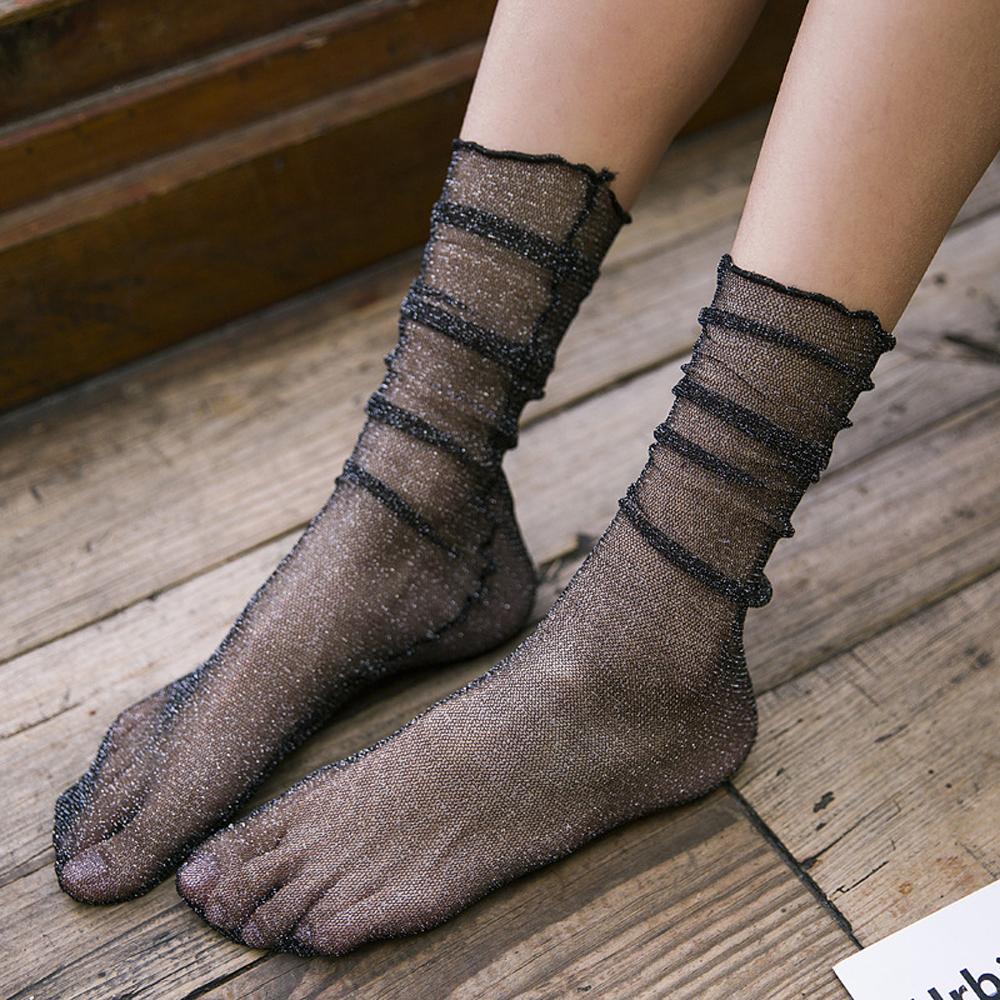

Streetwear Summer Fashion Female Ruffle Thin Pile Nylon Hosiery Mesh Socks Tulle Socks сірий
