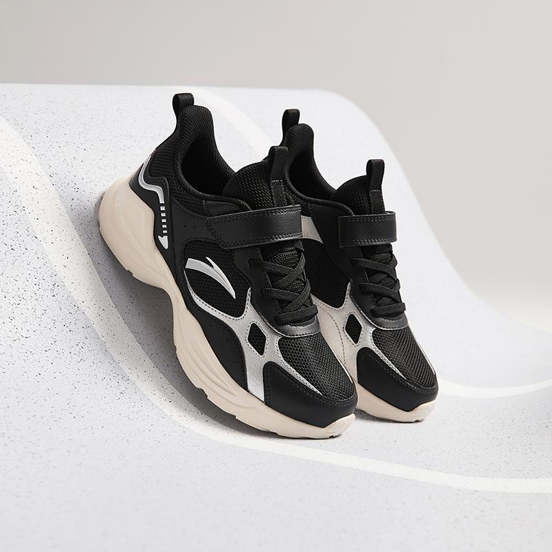 Anta Fashion Versatile Lightweight Shock Absorbing Low Top Kids Running Shoes Men sneaker Black Silver A12445577-2