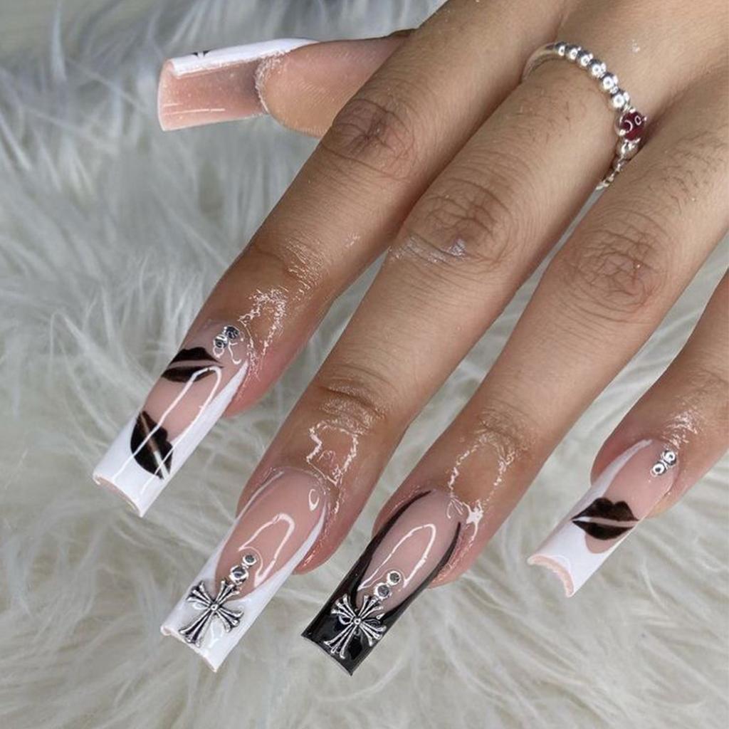 Cross-border black and white French irregular hickey print flash cross long European and American style removable nail art pieces 24 pieces