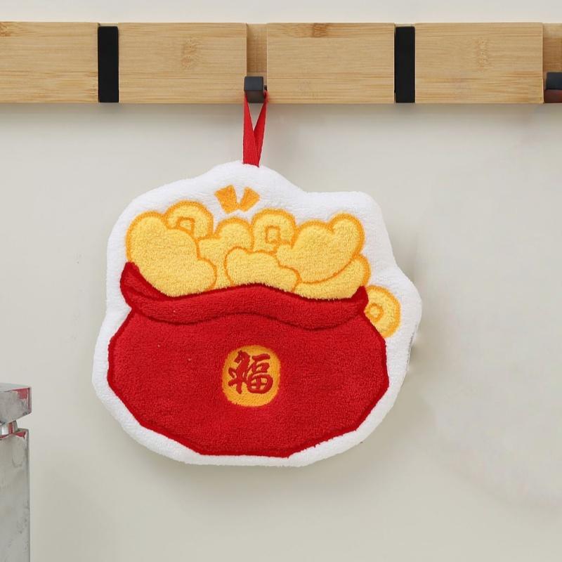 

Cute Cartoon New Year Money Bag Horse Hand Towel For Kitchen Bathroom Handkerchief Thick Absorbent Coral Fleece Hanging Towel A2
