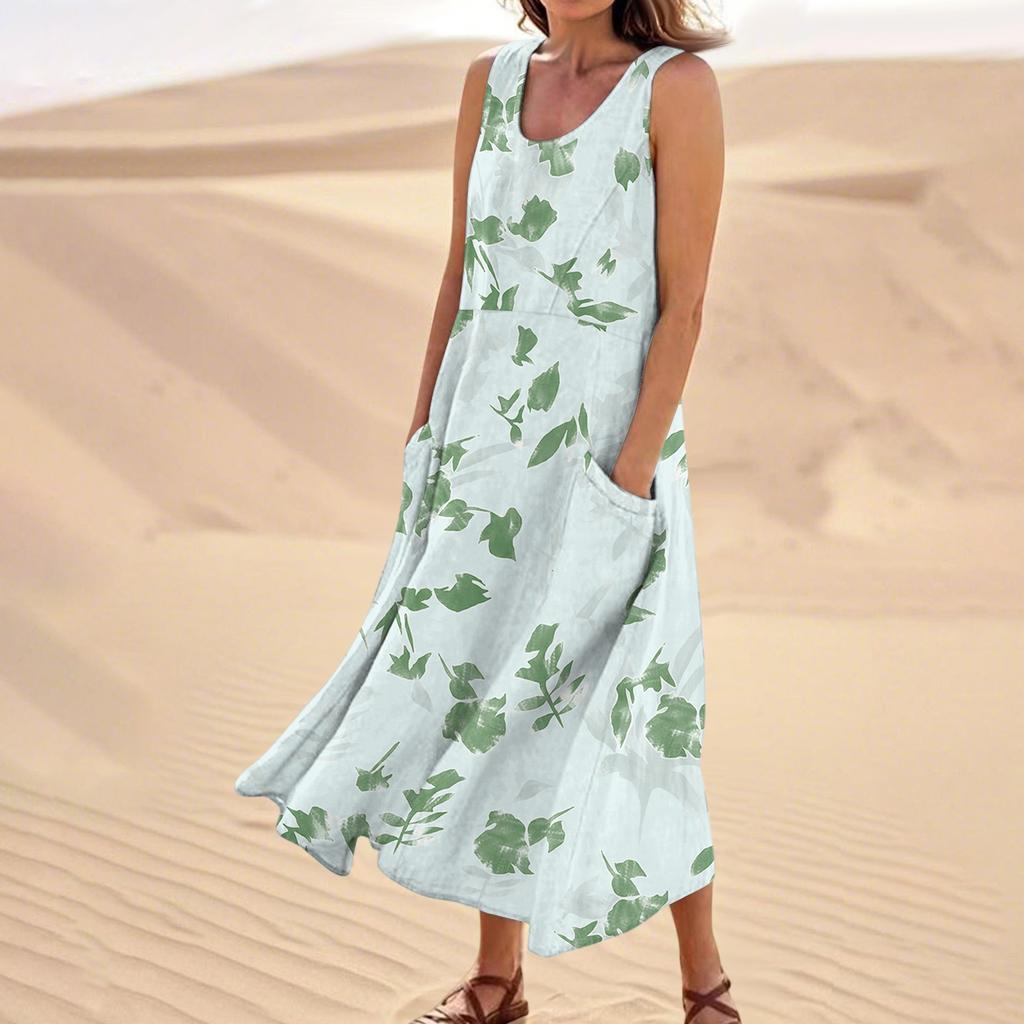 Women's Summer Casual Fashion Flower Printed Sleeveless  Pocket Dress