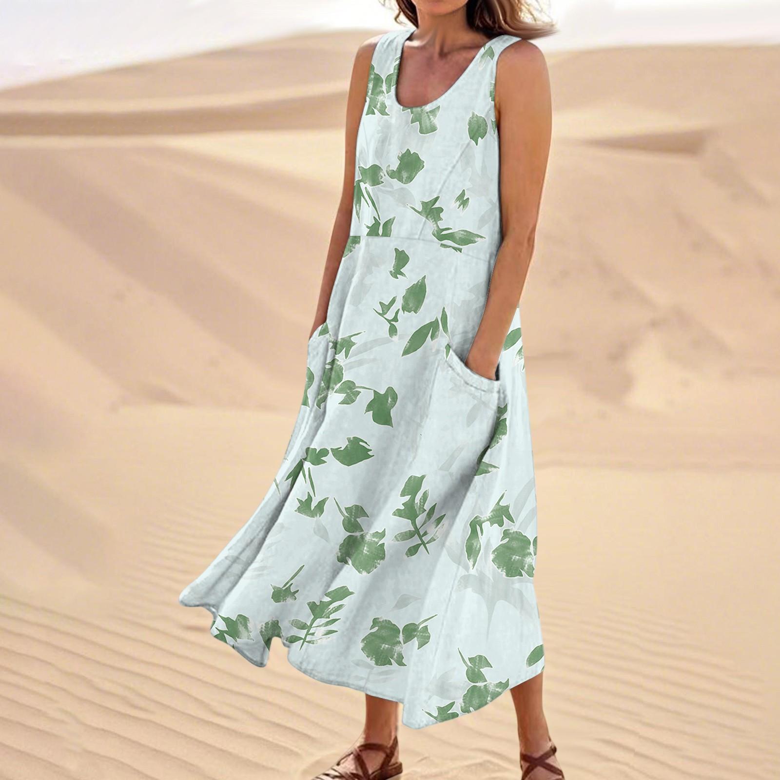 

Женское летнее повседневное модное платье без рукавов с цветочным принтом и карманом M зелёный