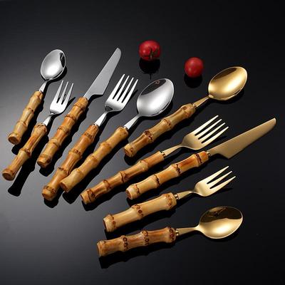 Ensemble de couverts rétro en acier inoxydable 304 avec manche en bambou - Couteau, fourchette et cuillère
