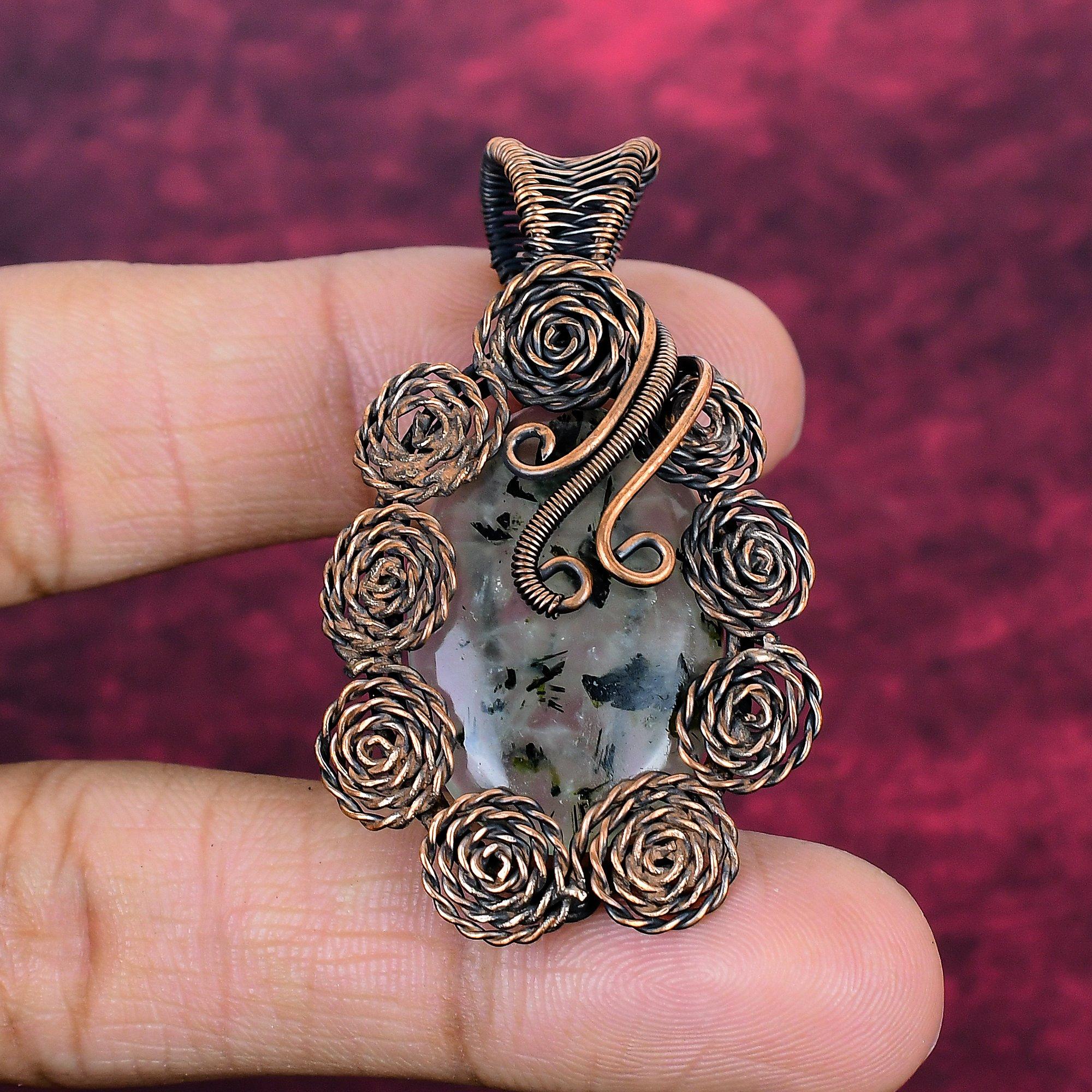 Moss Prehnite Gemstone Pendant Flower Copper Wire Wrapped Jewelry Gifts For Him