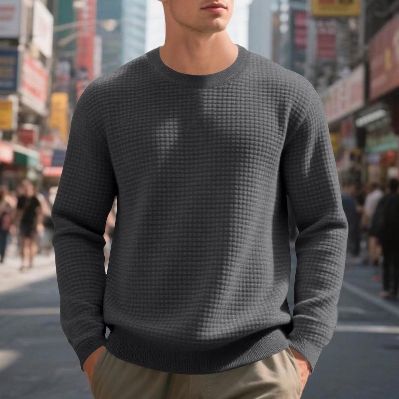 Loose-fit casual men's minimalist sports jacquard small check round-neck long-sleeved sweatshirt