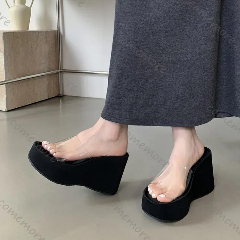 Comemore Summer Chunky Woman Slippers PVC Transparent Platform Wedges Slides Ladies Casual Outdoor Beach Sandals Shoes