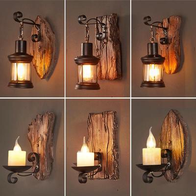 Amerikanische Retro-Industrie-Wandleuchte mit Holzdesign