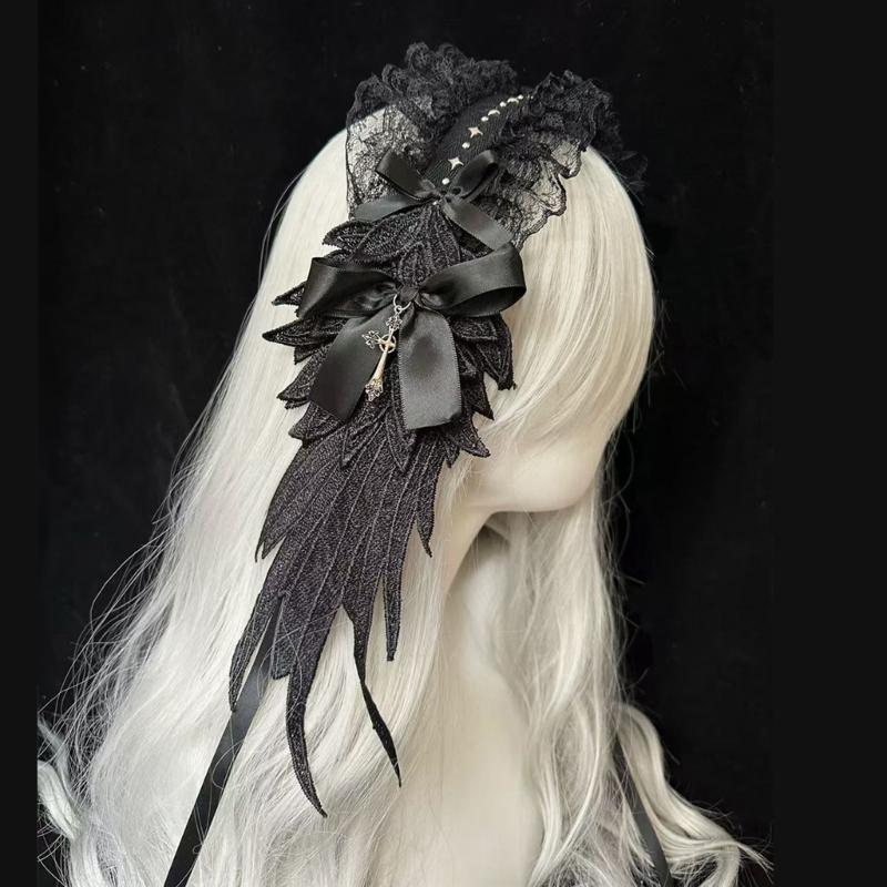 Elegant Lace Trim Headband With Angelic Wing Anime Hairhoop Hair Decoration For Special Occasion Masquerade Headpiece