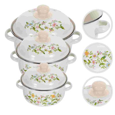 3 Pcs Food Noodle Pot Enamel Sauce Pots Earthen Flower Stockpot with Handle Cooking Small