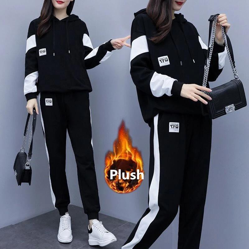 Women's Autumn Winter Sporty Plush Hooded Sweatshirt Pants Two Piece Sets Lady Casual Cool Black Letter Tops Trousers Suits