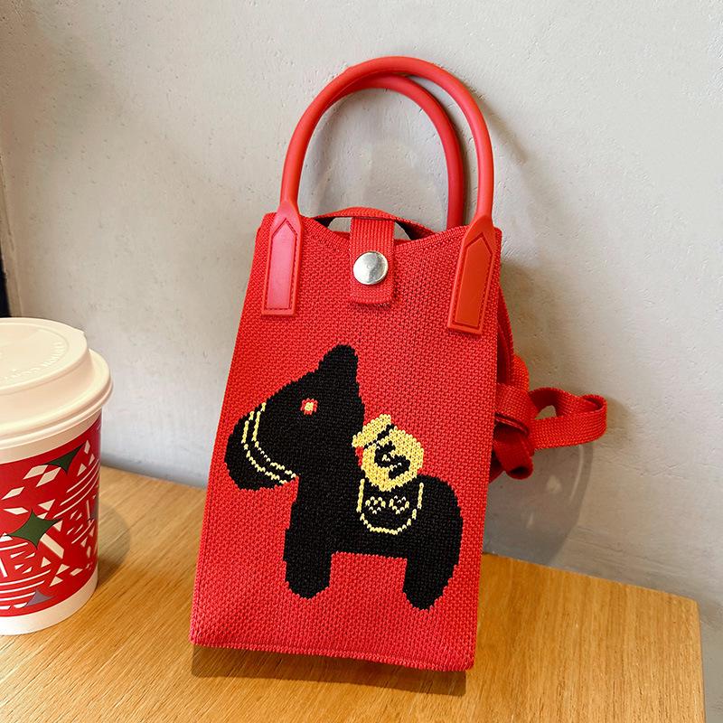 Red Auspicious Knitted Women's Tote Bag: Versatile Large Capacity Wedding Favor Series