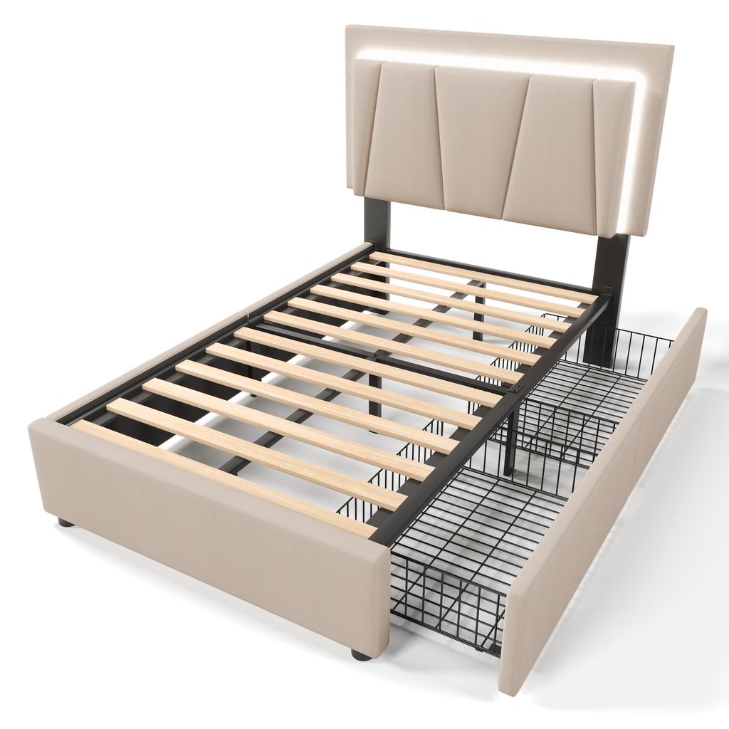 Upholstered Bed with LED Lighting and 2 Drawers, Height-Adjustable Headboard, Single 90x200cm Bed Frame, Slatted Base, Beige (Without Mattress)
