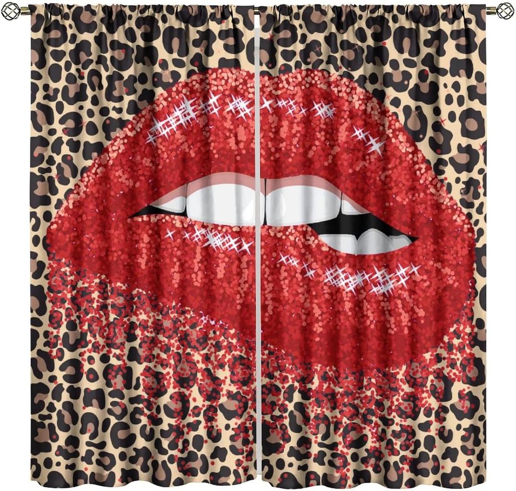 Glitter Lips Decor Window Curtains Red Sequins Sparkling Black White Leopard Zebra Home Kitchen Livingroom Coffee Room Window