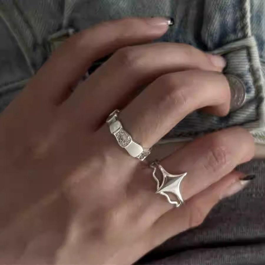 Korean Version of the Star Stacked Rock Pattern Ring 925 Sterling Silver Ins Wind Index Finger Ring Sweet Cool Ring Tide