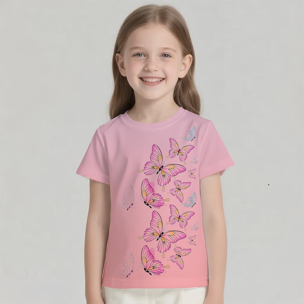 Kids T Shirt Short Sleeve Tee Gradient Butterfly Girls Clothes 5 to 6 Years Tops Tees Children's T-Shirt Round Neck Girl Blouse