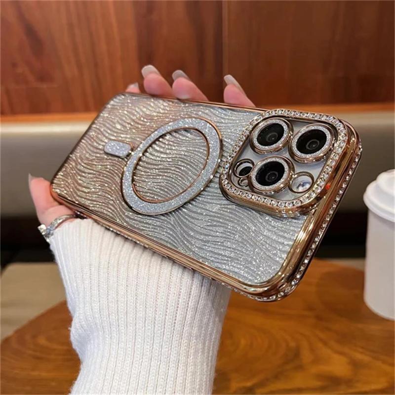 For iPhone 16 Pro Max Luxury Plating Flash Magsafe Magnetic Rhinestone Phone Case For iPhone 11 12 13 14 15 16 Plus Lens Cover
