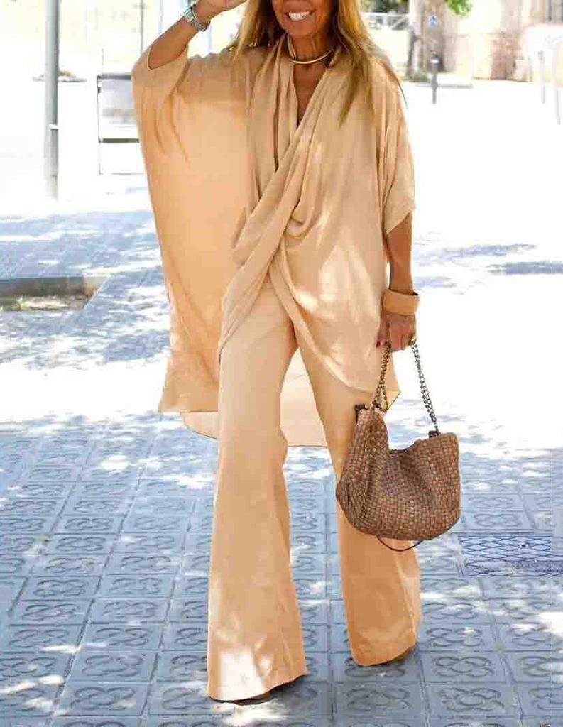 MAITA Spring/Summer Women Casual Loose Tulle Doll Sleeves Cotton Linen Blouse Top Wide Leg Pants Solid Color Two Piece