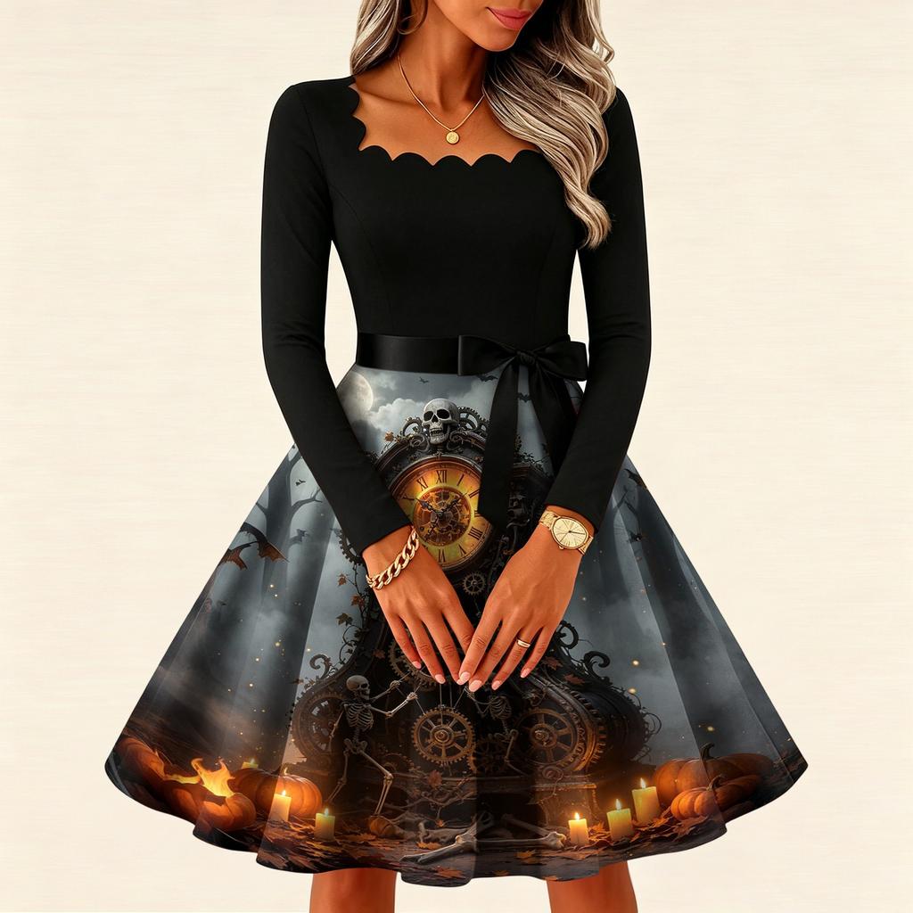 Women's Vintage Long Sleeve Square Neck Halloween Printed Party Dress for Evening Wear