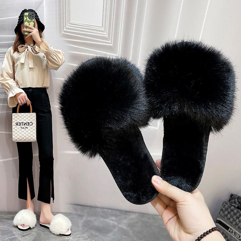 Foreign trade slippers, long-haired slippers, women's summer wear, hairy slippers flat bottom, one-word drag, autumn and winter