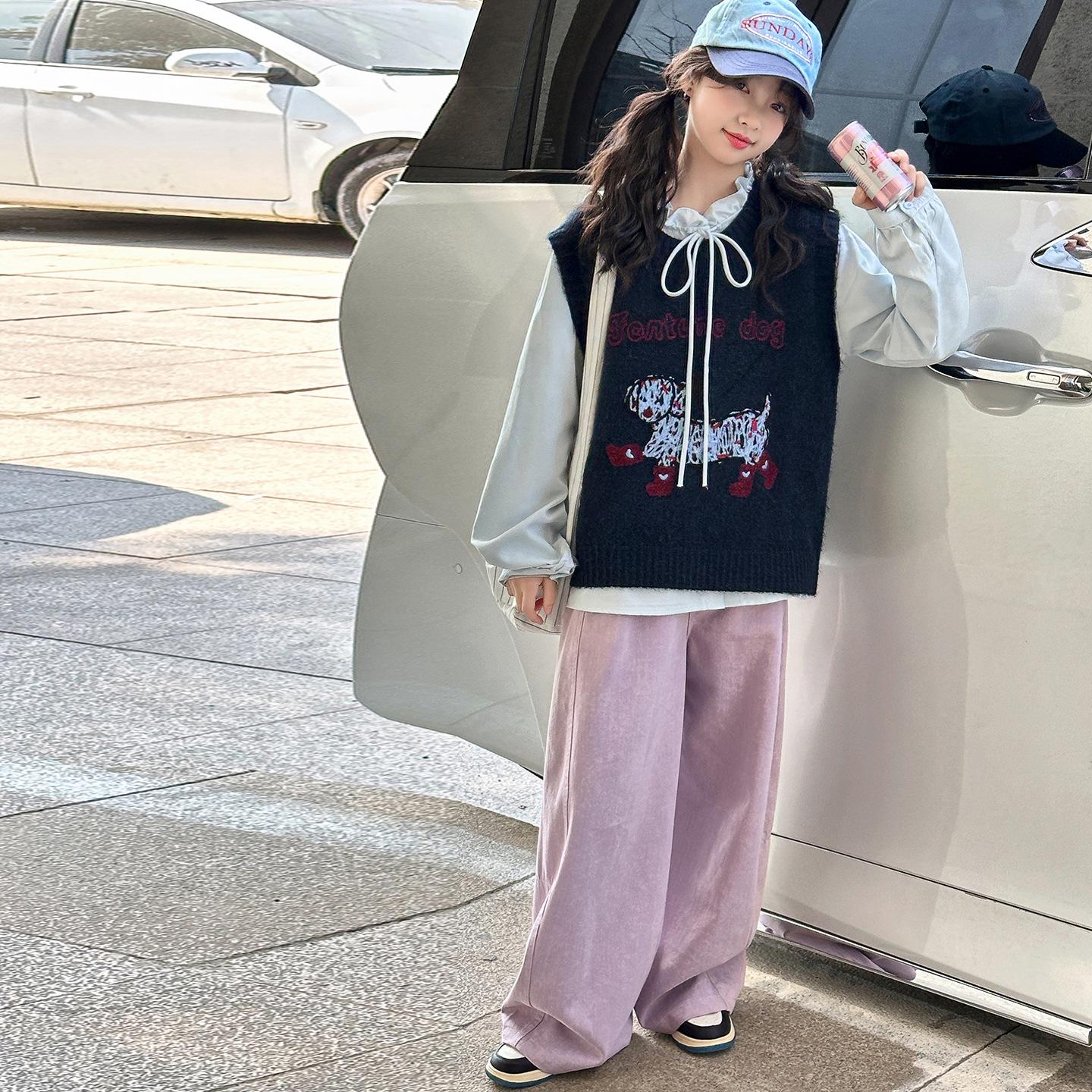 Girls  2026 Spring Three-Piece Set: Ruffle Collar Shirt, Puppy Embroidery Knit Vest, and Casual Pants 130 cm