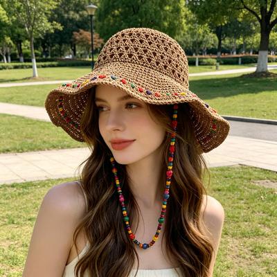 Straw Hat High-Density Hand-Woven Straw Fabric Wide Brim Fisherman Hat with Adjustable Strap Colorful Beads Outdoor Sun Hat
