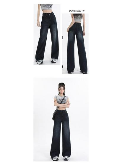 Women's High Waist Retro Straight Leg Jeans - Blue-Gray, Slimming and Loose, Floor-Length for Spring/Autumn 2026