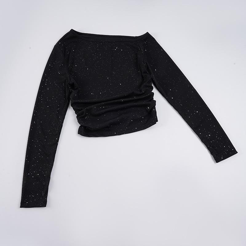 Women's Off-Shoulder Rhinestone Waist-Cinching Long-Sleeve Top