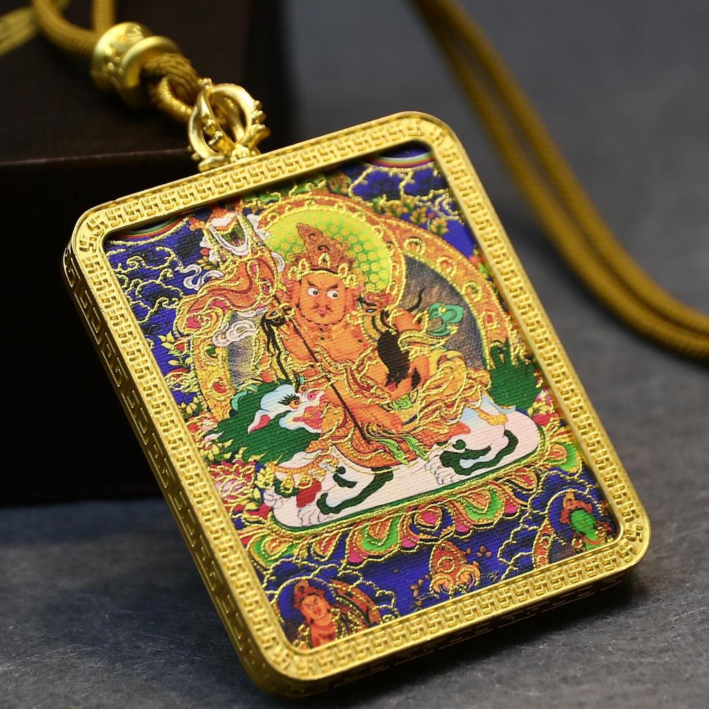 Tibet Mahakala Gold-Plated Thangka Pendant with Yellow Wealth God & Fox Fairy Design