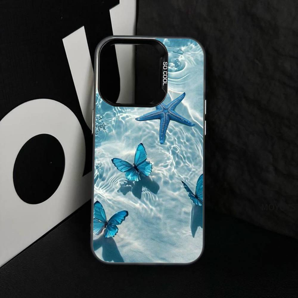 Blue Butterfly Ocean Waves Phone Case For iPhone 17 16 15 14 13 12 11 XS XR X Pro Max Plus Colored Silver Plated Cover