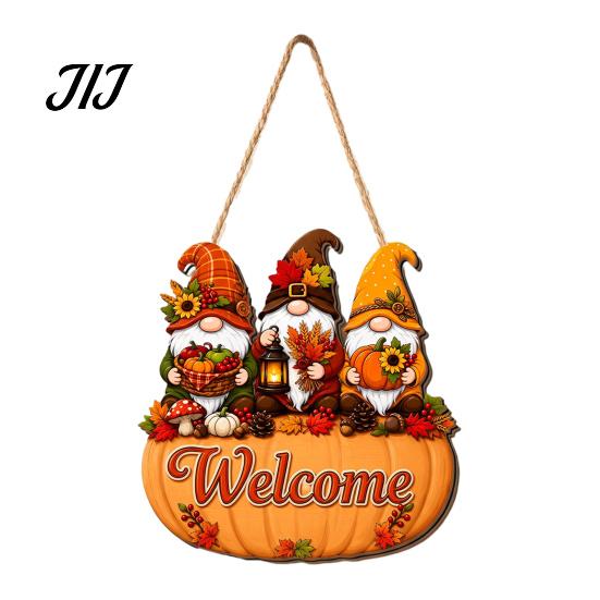 Durable Solid Wood Plaque Autumn Pumpkin Gnome Welcome Sign for Front Door, Rustic Hanging Thanksgiving Wall Ornament with Hemp Rope Fall Harvest Home