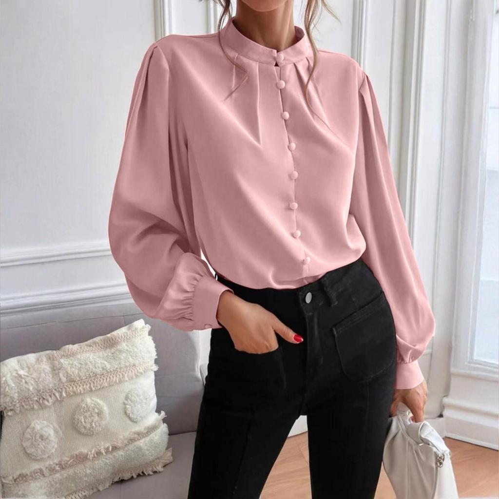 Ladies Elegant Solid Color Lapel Long Sleeve Single Breasted Loose Top